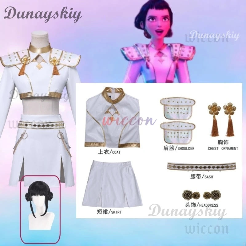 Huntrix WHAT IT SOUNDS LIKE Stage Rumi Mira Zoey Cosplay Uniform Movie Kpop Demon Hunters White Korea Idol Sexy Mini Dress 코스프레