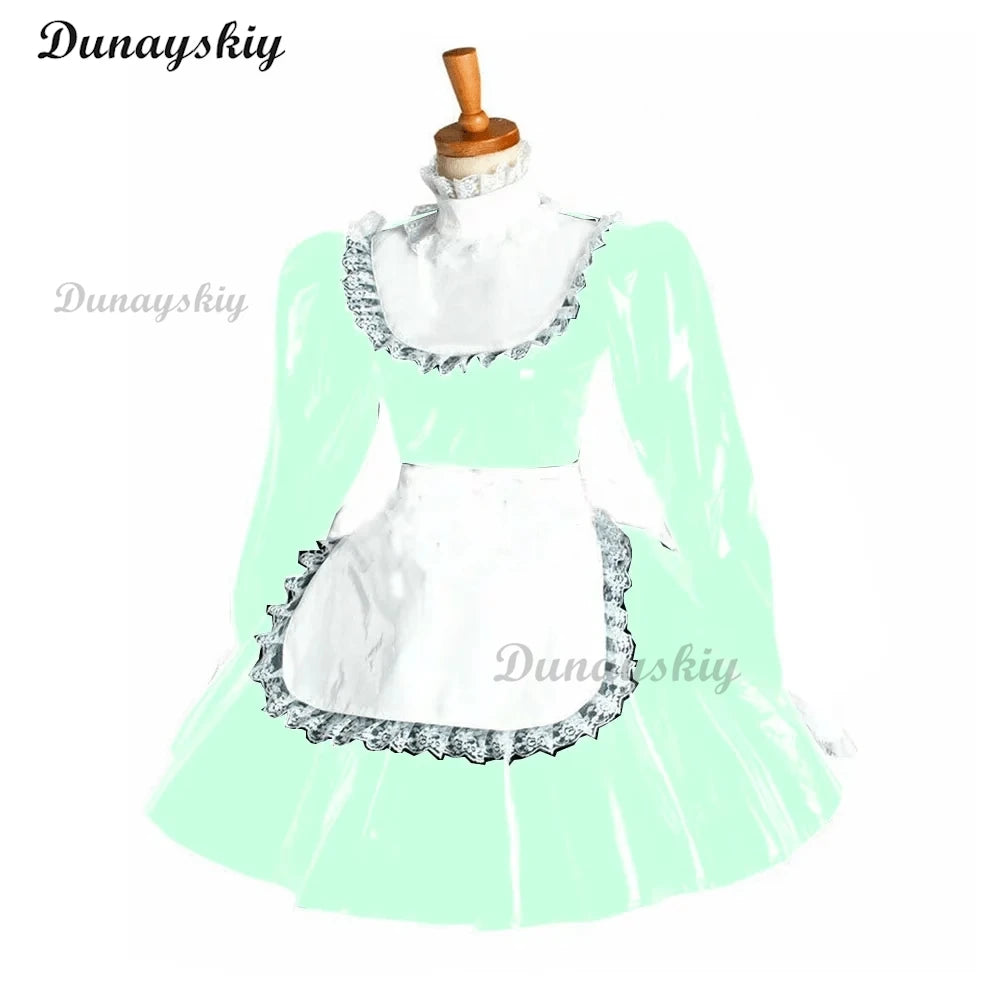 Puff Long Sleeve Gothic Mini Dress Cosplay Women Lolita Bowknot Lace Apron Dress PVC Wetlook Maid Cosplay Halloween Maid costume