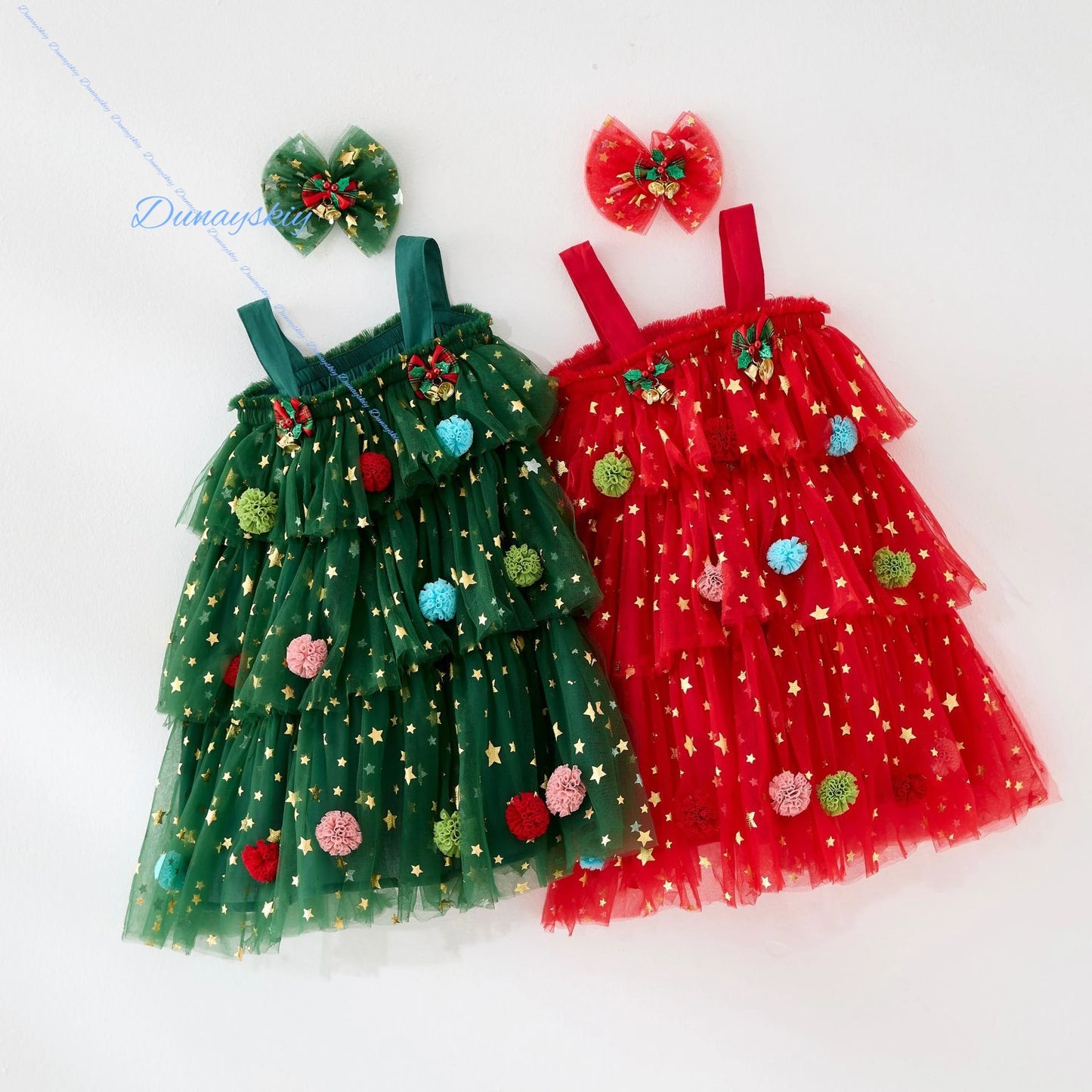Christmas Kids Girl Stars Dress Cosplay Baby Dresses for Girls Sleeveless Red Green Party Layered Tulle Dress Xmas Clothes