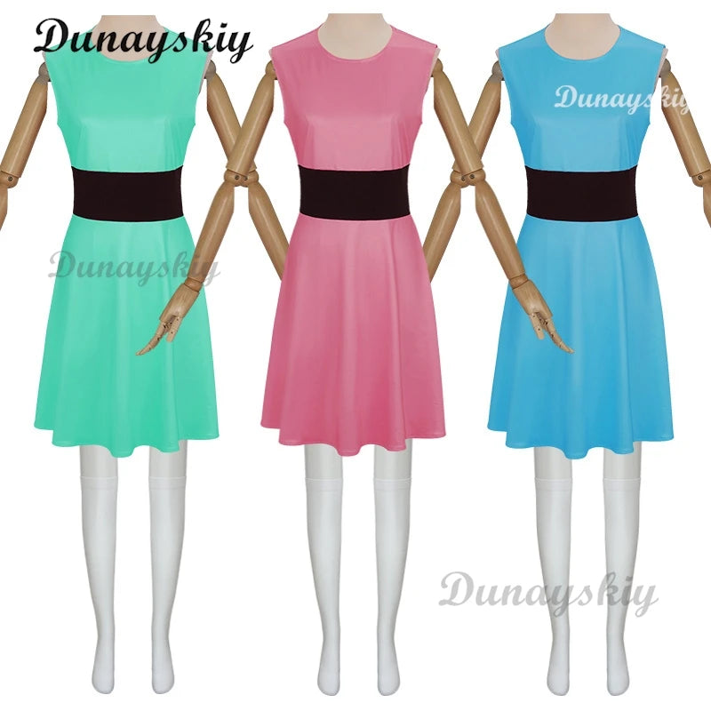Powerpuff Cosplay Girls Costume Dress Set Blossom Buttercup Bubbles Costume Dress Women  Belt Set Halloween Fancy Dress