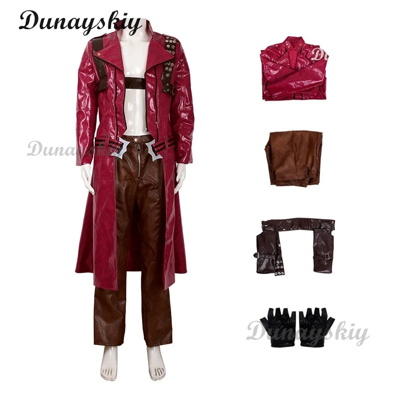 Game Devil Cos May Cry 3 Dante Red Long Poncho Cosplay Costumes Wig Pant Necklace Uniforms Jacket Halloween Carnival
