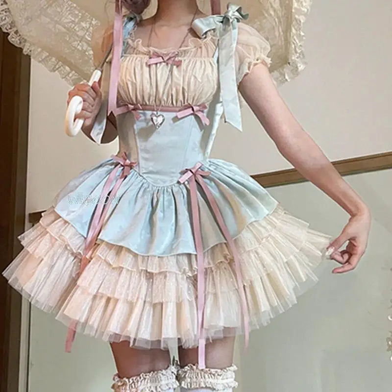 Japanese Lolita Jsk Dress Sweet Women Vintage Bow Ribbon Party Princess Dresses Girls Kawaii Ballet Style Mesh Y2k Mini Dress