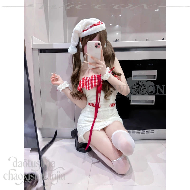 Cute Fluffy Plaid Lace Halter Off-shoulder Bodycon Mini Dress Kawaii White Lolita Cos Original Design Christmas Event Party