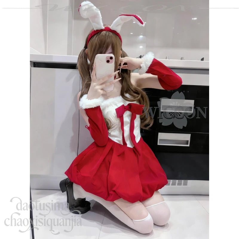 Anime Kawaii Original Design Red Velvet Maid Bunny Dress Cute Rabbit Headwear Cos Halloween Christmas 2025 Party Outfit