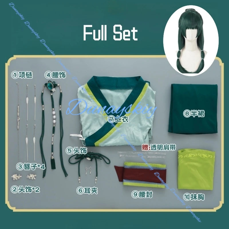 Anime The Apothecary Maomao Cosplay Costume Wig Green Uniform Chinese Traditional Hanfu Dress Headwear Earrings Necklace Chain