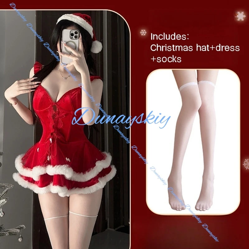 Sexy Christmas Cat Costume Suit Women's Sleepwear Pure Red Dress Chest Illusion Outwear Halloween Christmas Uniform