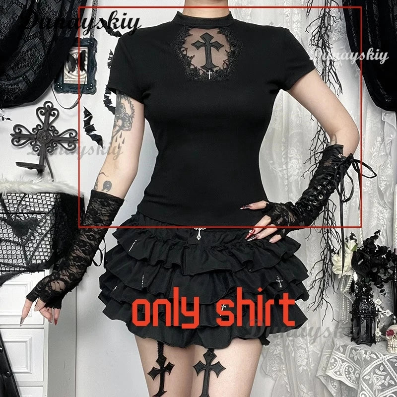 Black Gothic Lace Trim Long Sleeve T-Shirts Women Vintage Sexy Lace-up Square Collar Tops Japanese Fashion Y2k Subculture Tees