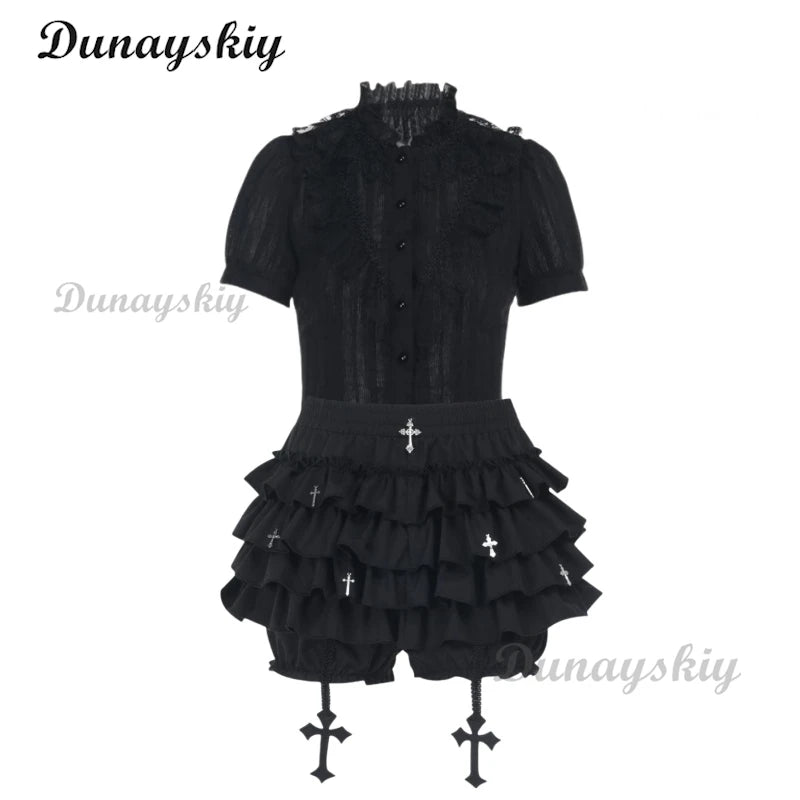 Vintage Mall Gothic Black Shirt Skirt Women Dark Palace Style Streetwear Jacquard Texture Blouse Sleeve Lace Patchwork Shirt