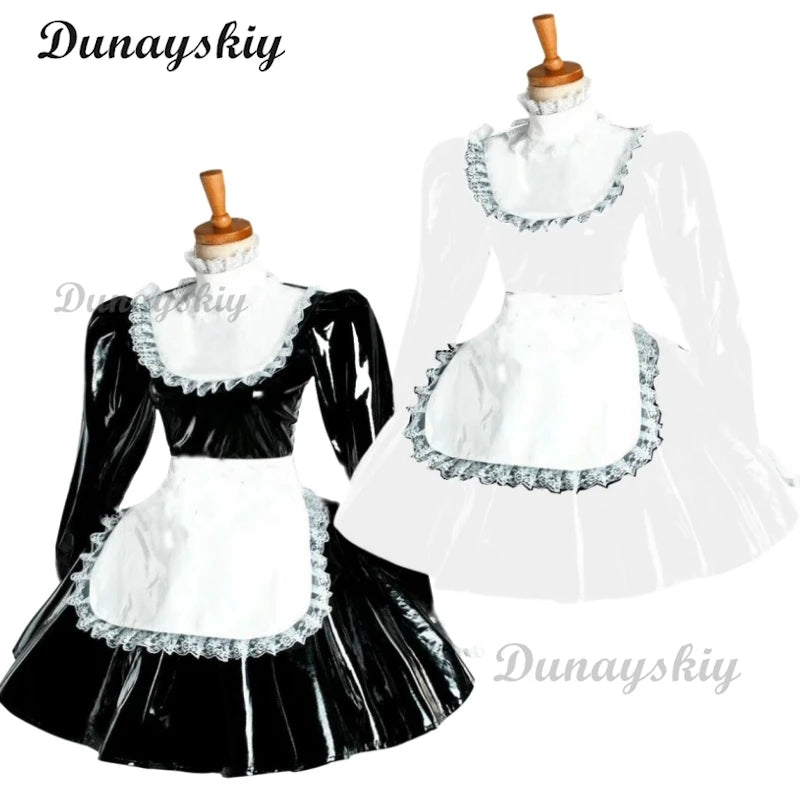 Puff Long Sleeve Gothic Mini Dress Cosplay Women Lolita Bowknot Lace Apron Dress PVC Wetlook Maid Cosplay Halloween Maid costume