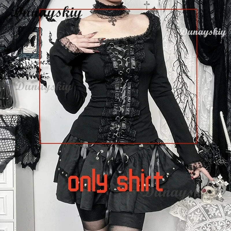 Black Gothic Lace Trim Long Sleeve T-Shirts Women Vintage Sexy Lace-up Square Collar Tops Japanese Fashion Y2k Subculture Tees