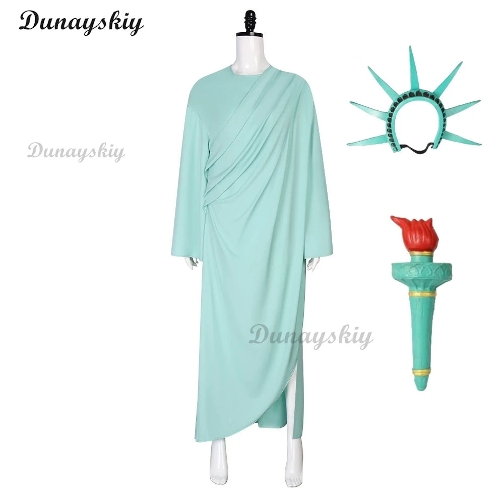 Statue of Liberty Goddess Cosplay Adult Lady Liberty Costume Sculpture Torch Patriotic Collection Halloween Party Fancy Set