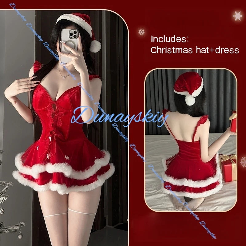 Sexy Christmas Cat Costume Suit Women's Sleepwear Pure Red Dress Chest Illusion Outwear Halloween Christmas Uniform