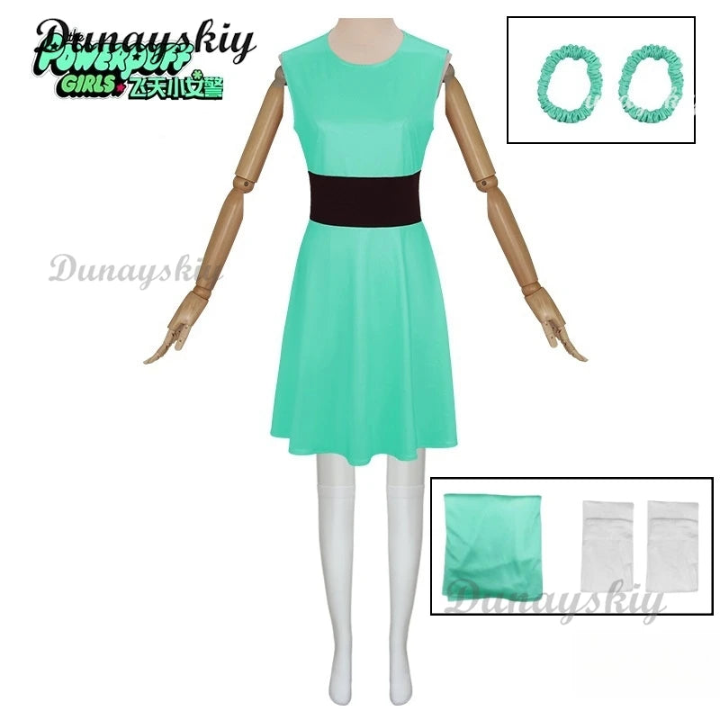 Powerpuff Cosplay Girls Costume Dress Set Blossom Buttercup Bubbles Costume Dress Women  Belt Set Halloween Fancy Dress