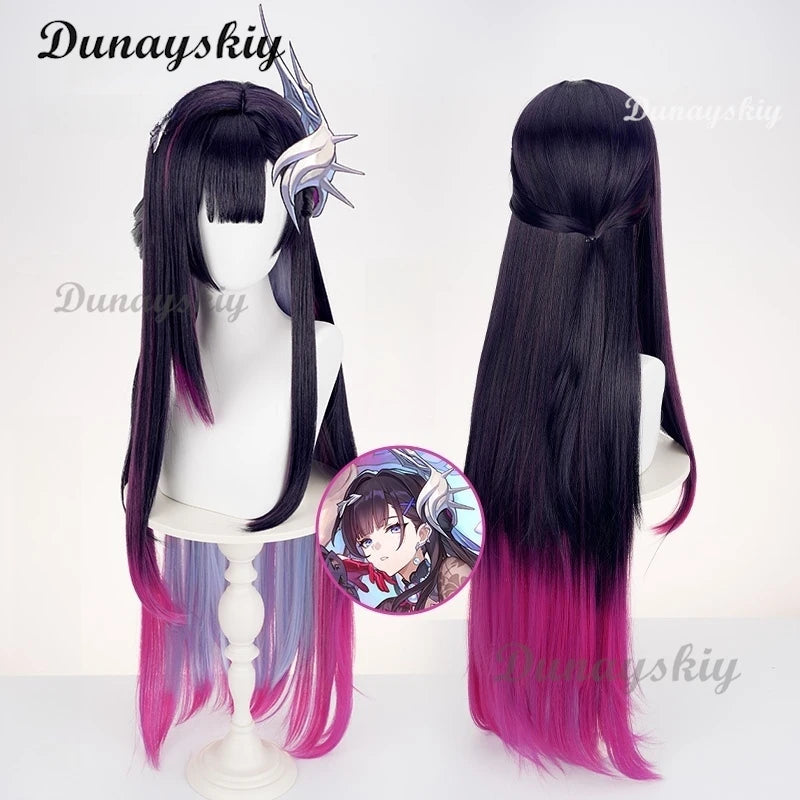 Honkai: Star Rai Hysilens Cosplay Wig Game Helektra Cosplay Wig Black Purple And Red 100cm Long Hair Wig For Halloween