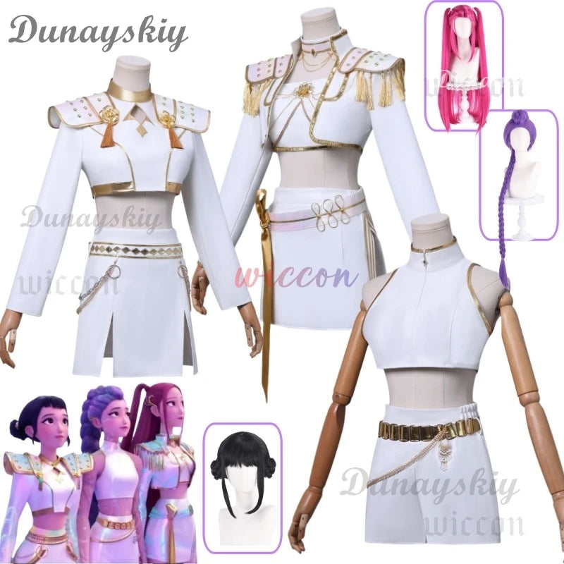 Huntrix WHAT IT SOUNDS LIKE Stage Rumi Mira Zoey Cosplay Uniform Movie Kpop Demon Hunters White Korea Idol Sexy Mini Dress 코스프레