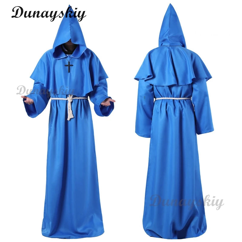 Medieval Hooded Robe New Wizard Costume Halloween Cosplay Costume Monk Friar Robe Priest Costume Ancient Clothing Christian