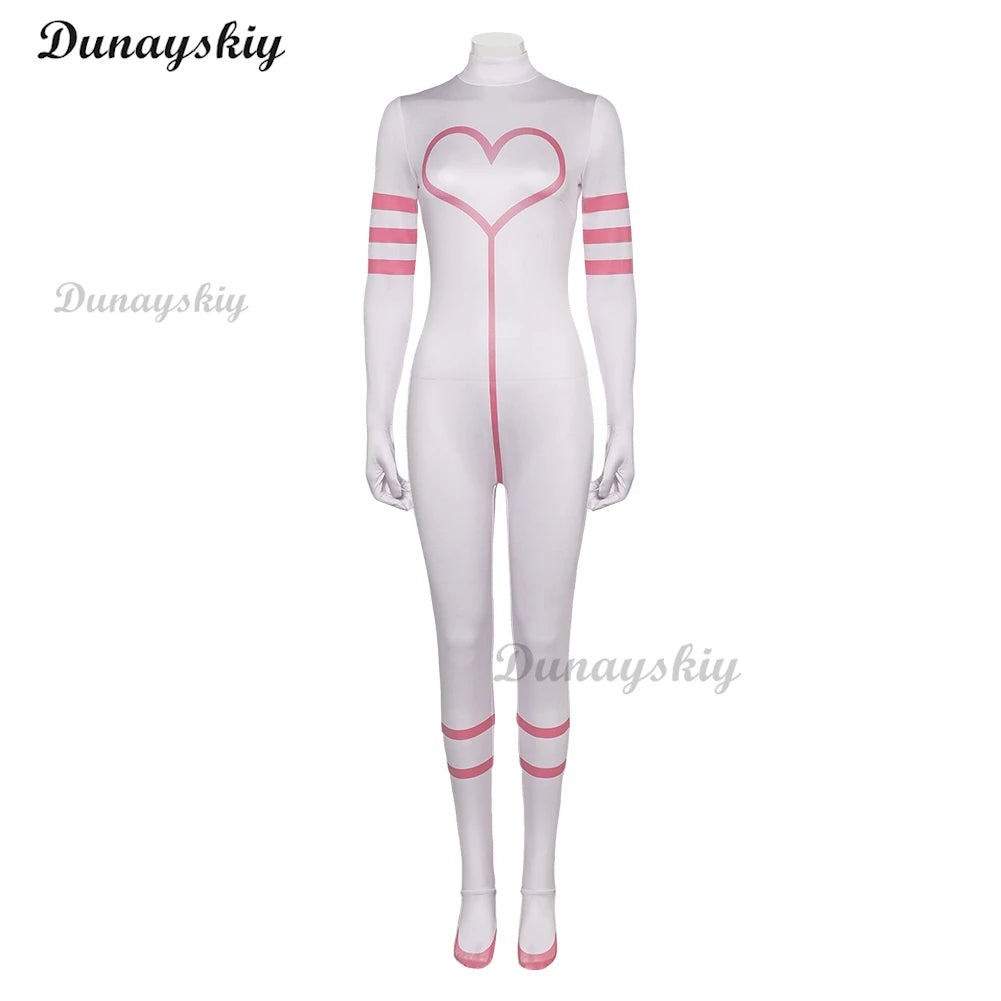 Angel Dust Cosplay Pink White Costume Wig Hazbin Rolelpaly Hotel Leather Tight Fitting Jumpsuit Outfiits Women Halloween Party
