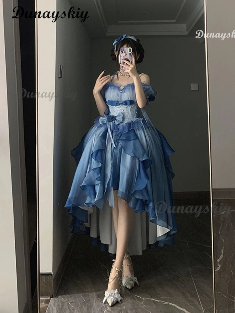 Blue Flower Wedding Dress Cos Lolita Dress Lolita Heavy Industry Trail Puffy Princess Dress Bow Lolita Cosplay Customized