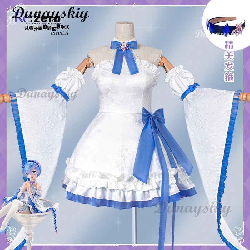 Anime Re:Life in a Different World Rem Cosplay Crystal Maid Uniform Costume Wig Anime Lolita Girls Role Play Haedwear Dress