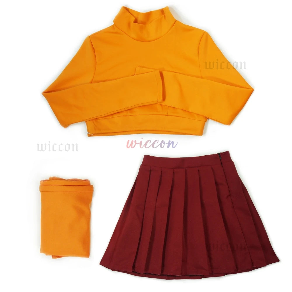 Anime Velma Seragam Cosplay Kostum Orange Short Skirt Uniform Wanita Oranye Kaus Kaki Rok Atas Halloween Party Carnival Set