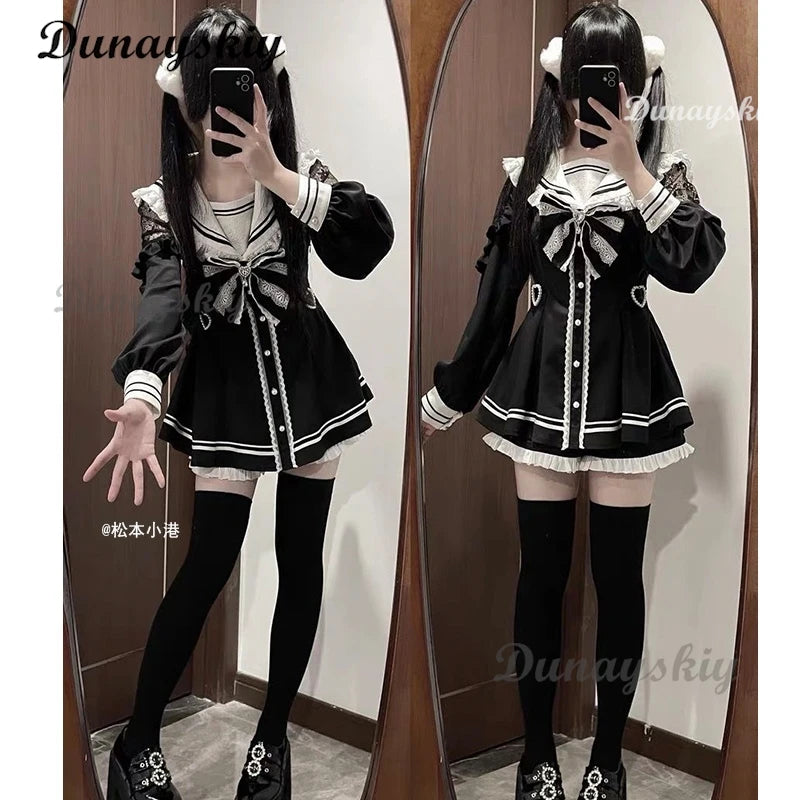 Jirai Kei Sailor Black Dress Lace Patchwork Slim Fit Dresses Japanese Sweet Inner Shorts Set JK School Uniform for Women Girls