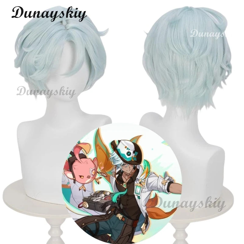 Genshin Impact Ifa Cosplay Light Blue Wig Short Hair Tlalocan Flower-Feather Clan Natlan Halloween Party for Women Men Carnival