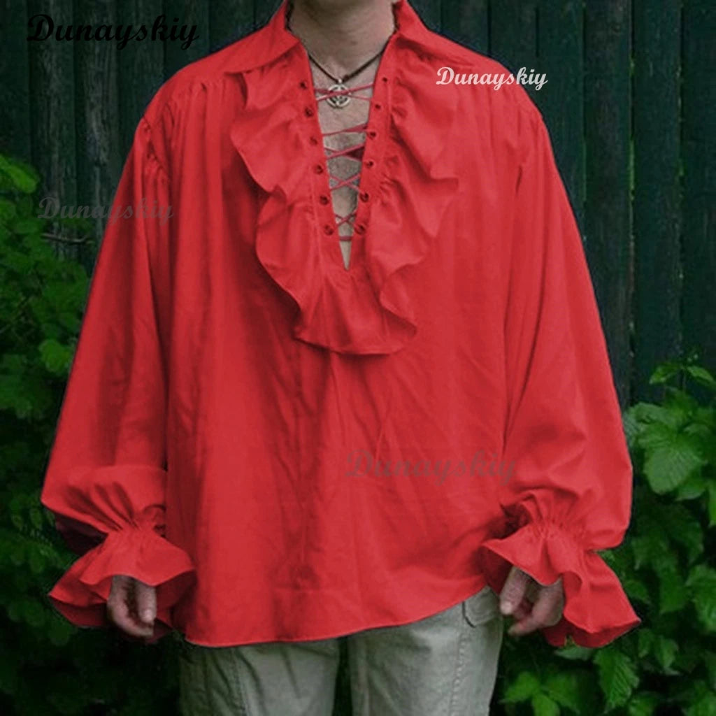 Medieval Adults Renaissance Costume Ruffled Shirts Long Sleeve Lace Up Steampunk Pirate Men Shirt Cosplay Stage Costume forWomen