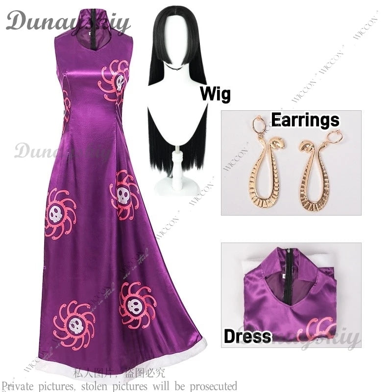 Hancock Boa Cosplay Costume Wig Halloween Costume Party Woman Adult Sexy Comic-Con Oneesan Disguise Purple Dress Set Ear Clips