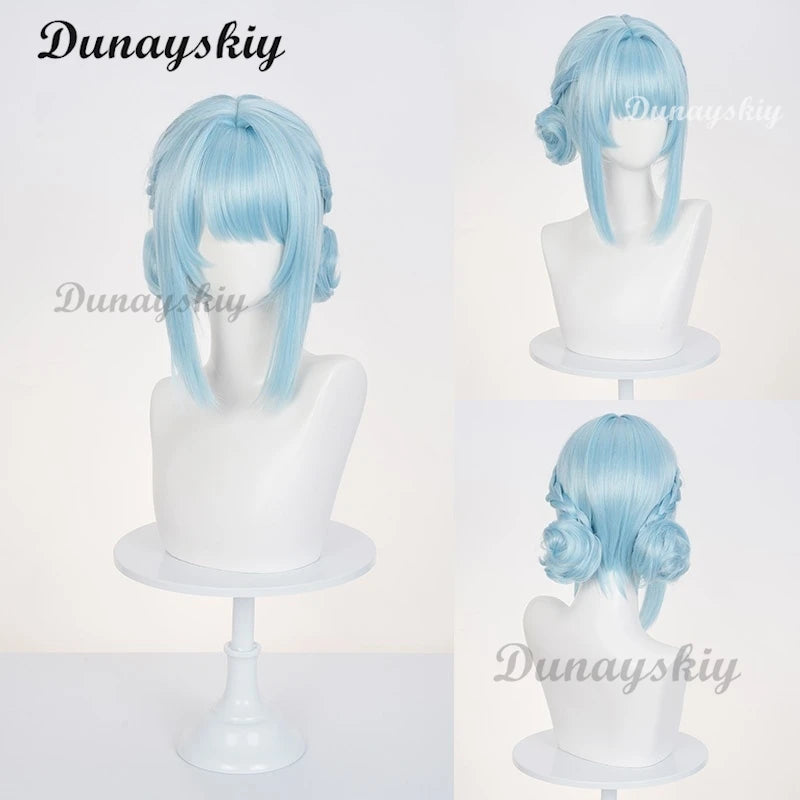 Genshin Impact Ineffa Cosplay Wig Light Blue Double Braid Bun Hair Wigs For Women Gilrs Vanilla Planifolia Carnival Free Wig Cap