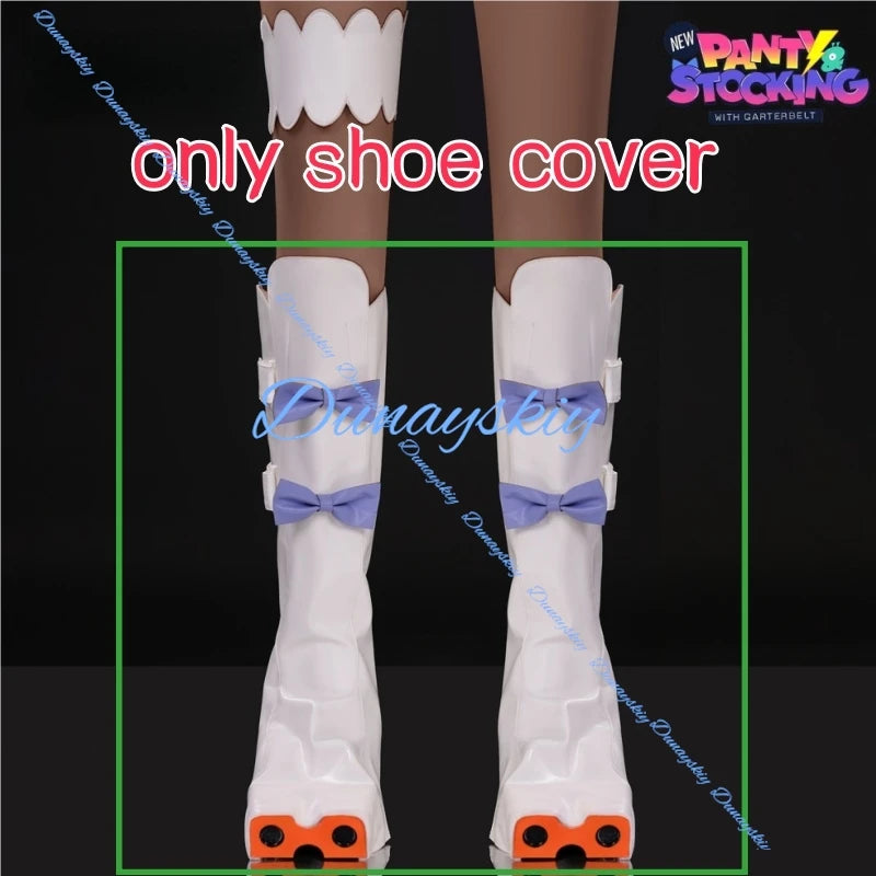 Gunsmith Bitchhh Cosplay Costume Wig Shoe cover Anime New Panty Stocking with Garterbelt White Bodysuit Glasses Halloween Party