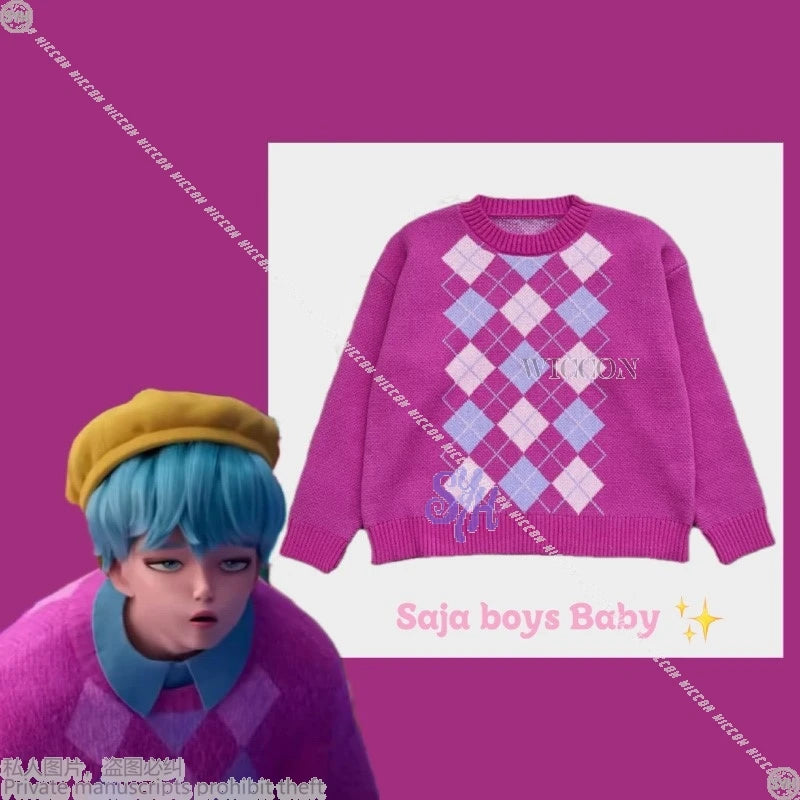 Baby Saja Boys Cosplay Costume Wig Anime Movie Kpop Demon Jirai Kei Boy Pink Retro Wool Knitted 코스프레 Kawaii Cute Lovely Sweater