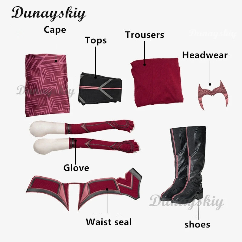 P-Jsmen Female Wanda Maximoff Cosplay Costume Scarlet Witch Headwear Cloak and Pants Full Set Outfit Halloween Accessories Props