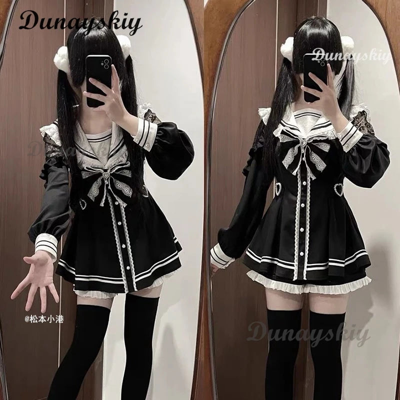 Jirai Kei Sailor Black Dress Lace Patchwork Slim Fit Dresses Japanese Sweet Inner Shorts Set JK School Uniform for Women Girls