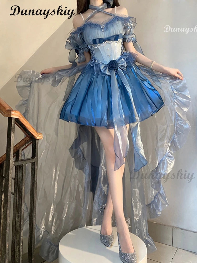 Blue Flower Wedding Lolita Dress Light Lo on the Run Elegant Big Lady Beautiful Puff Short Skirt Fairy Princess Party Customized