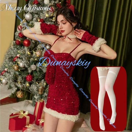 Sexy Bow Velvet Christmas Party Cosplay Costumes Adult Lady Sweet New Year Dress Lady Stylish Xmas Night Outfits New Design