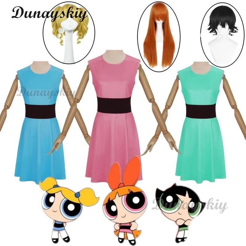 Powerpuff Cosplay Girls Costume Dress Set Blossom Buttercup Bubbles Costume Dress Women  Belt Set Halloween Fancy Dress