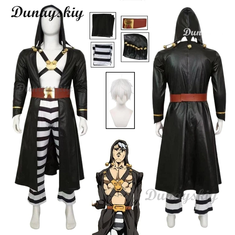 Anime JoJo's Cosplay Costume Bizarre Golden Wind Risotto Nero Wig Uniform Hooded Trench Pants Adventure Halloween Party Outfit