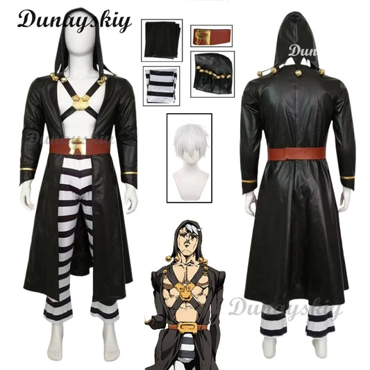 Anime JoJo's Cosplay Costume Bizarre Golden Wind Risotto Nero Wig Uniform Hooded Trench Pants Adventure Halloween Party Outfit