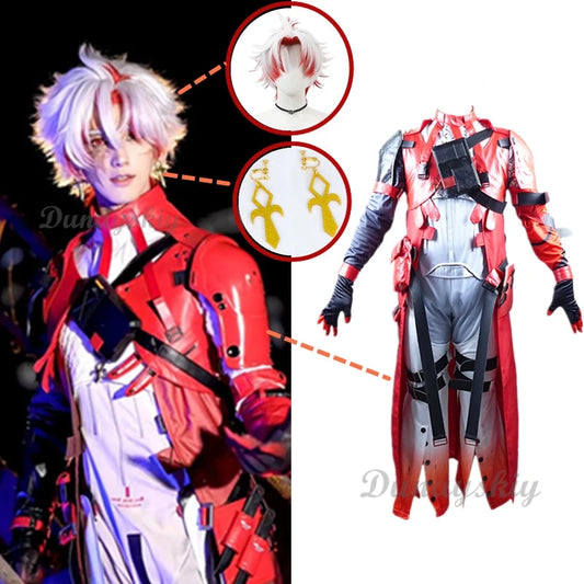 Wuthering Waves Scar Cosplay Costume Wig Men Uniform Headwear Earrings Electro Congenital Resonator Red Cortex Halloween Party