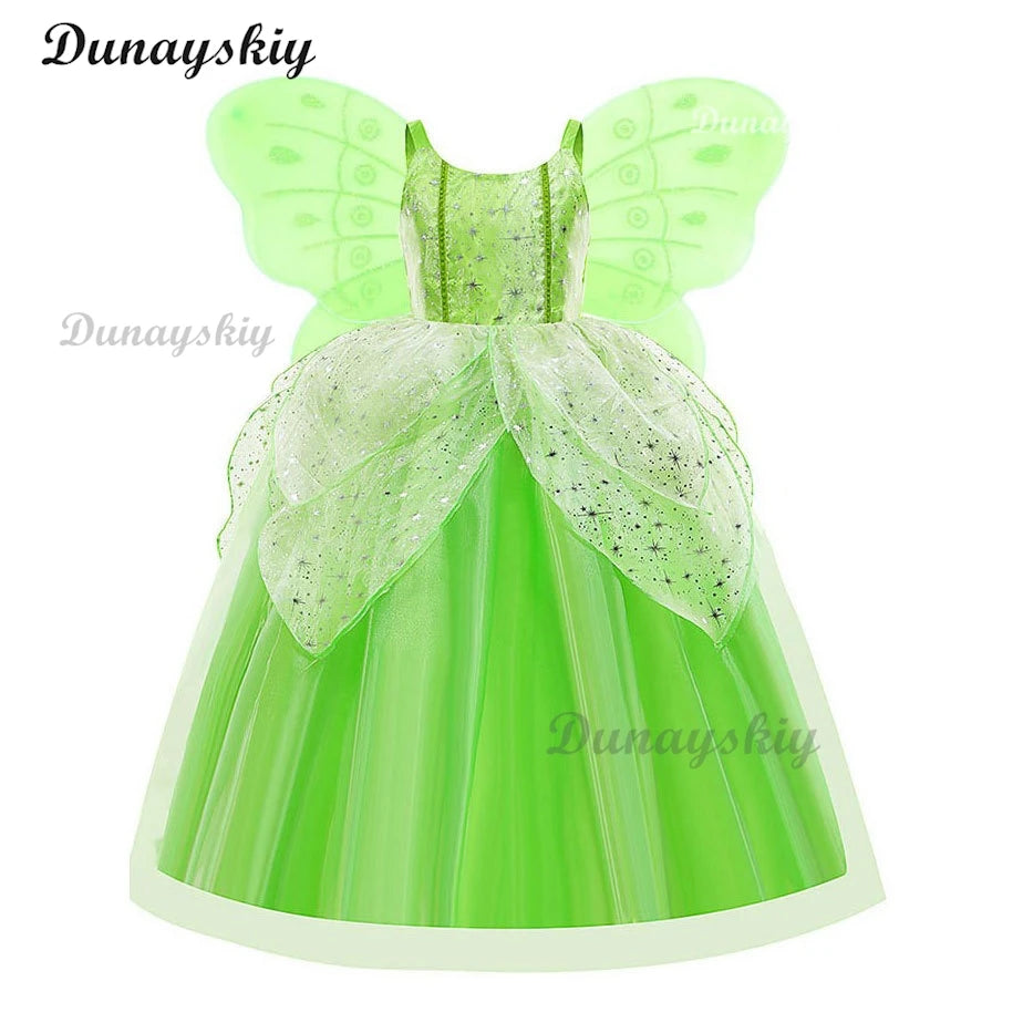 Fancy Girl Flower Fairy Tinker Green Wing Dress Bell Halloween Peter Pan Elf Cosplay costumes Masquerade Party Gowns