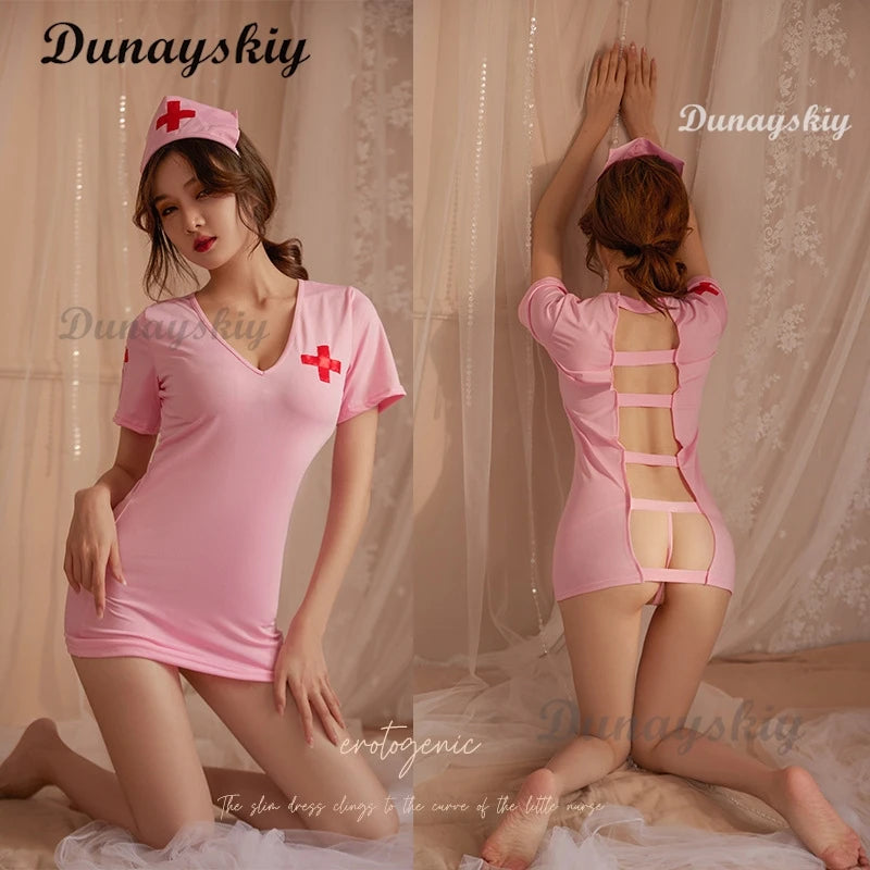 Temptation Nurse Outfit Cosplay Costume Sex Underwear Hip-Length Pink Black White Sexy Hot Nurse Lingerie Cosplay Women Charming