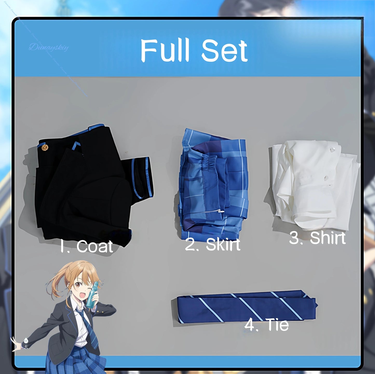 Anime Chitose Is in the Ramune Bottle Yuuko Hiiragi Saku Chitose Cosplay Costume Wig Uniform Coat Skirt Headwear Role Playing