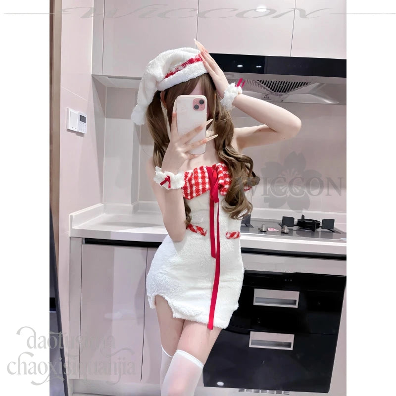 Cute Fluffy Plaid Lace Halter Off-shoulder Bodycon Mini Dress Kawaii White Lolita Cos Original Design Christmas Event Party