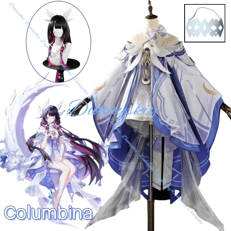 Genshin Impact Columbina Cosplay Costume Wig Headwear The Damselette Dress Uniform Eleven Fatui Harbingers Halloween Party