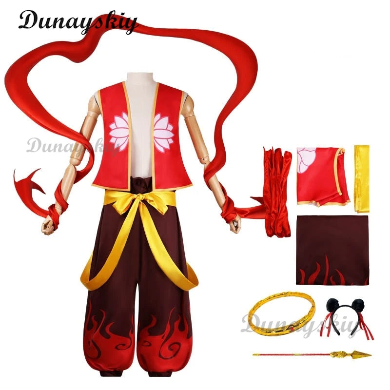 Movie Nezha Cosplay Nezha Birth of The Demon Child Cosplay Costume Red Top Outfits Ribbon Halloween Performance Cos Costumes