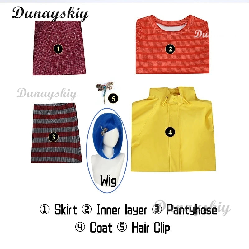Coraline Cosplay Costume Wig Prop Horror Fairytale Movies Yellow Coat Secret Door Adult Halloween Party Customized
