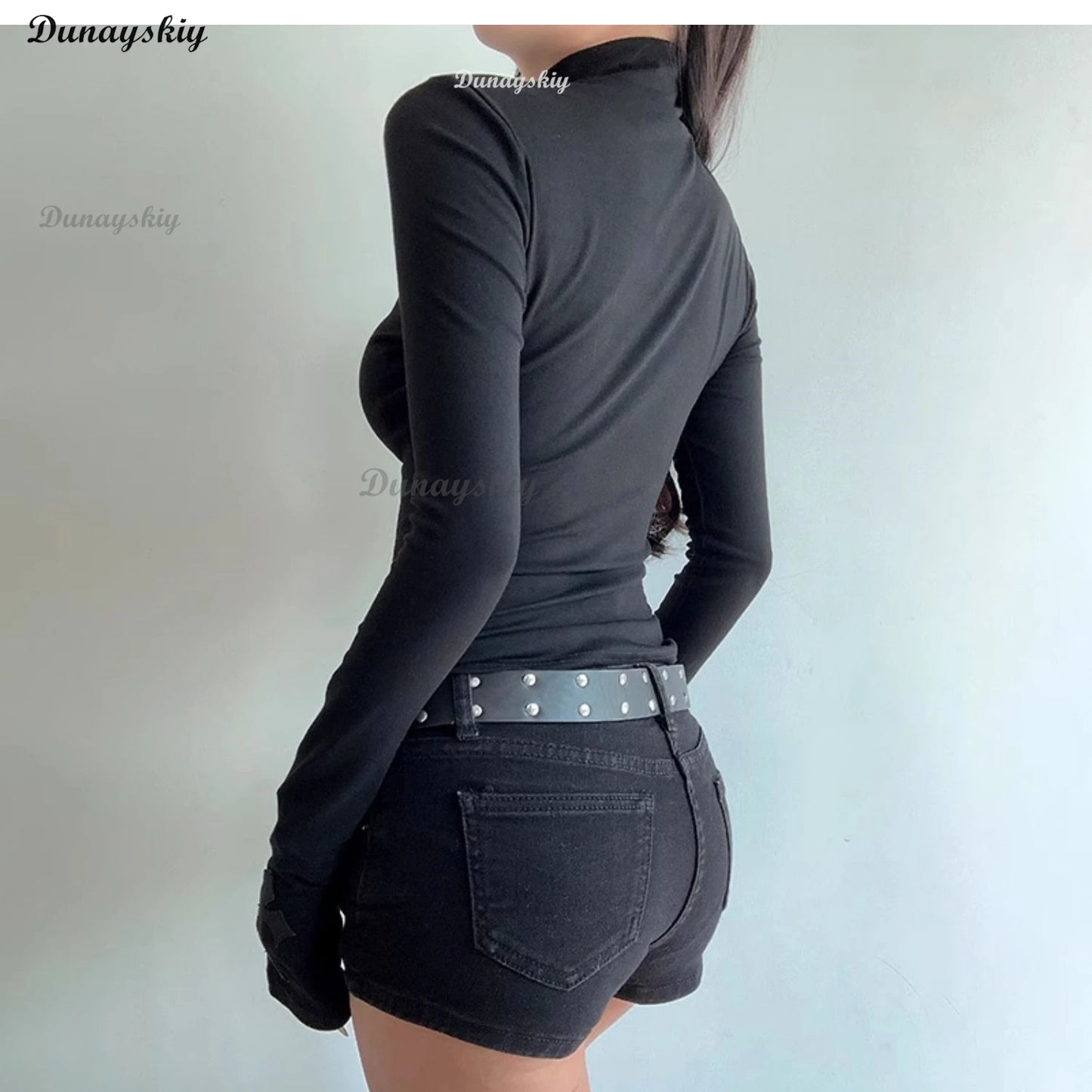 Black Gothic Lace Trim Long Sleeve T-Shirts Women Vintage Sexy Lace-up Square Collar Tops Japanese Fashion Y2k Subculture Tees