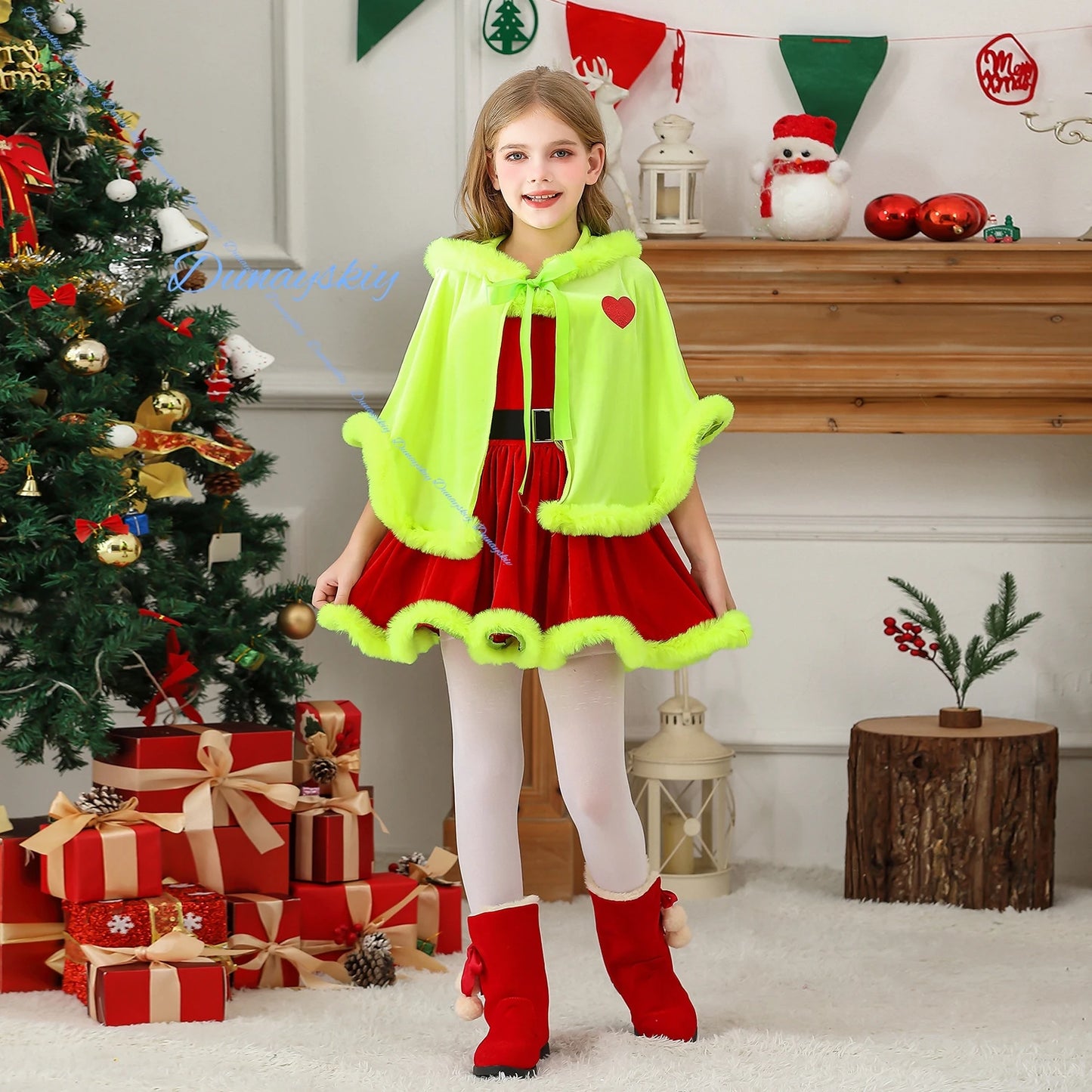 Kids Themed Christmas Costume Dress Green Cape Red Dress Style Santa Children Clothing Christmas Party Outfit costume