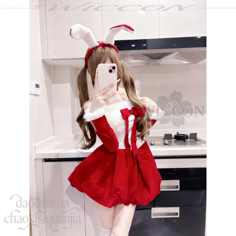 Anime Kawaii Original Design Red Velvet Maid Bunny Dress Cute Rabbit Headwear Cos Halloween Christmas 2025 Party Outfit