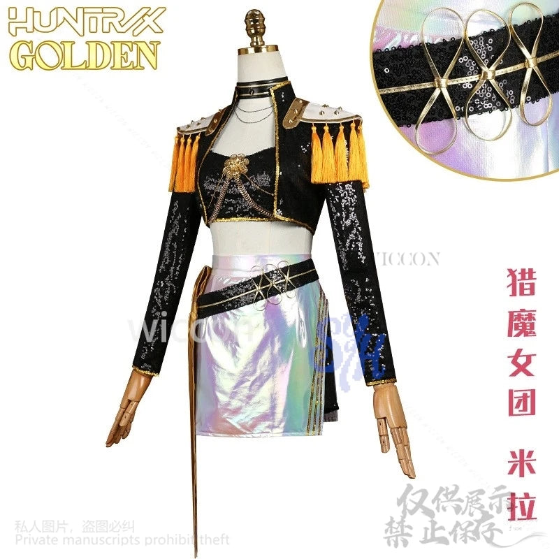 Kpop Demon Korea Idol Girls Uniform Mira Cosplay Huntrix Golden Stage Costume Black Punk Coat Mini Dress Lolita 코스프레 Halloween